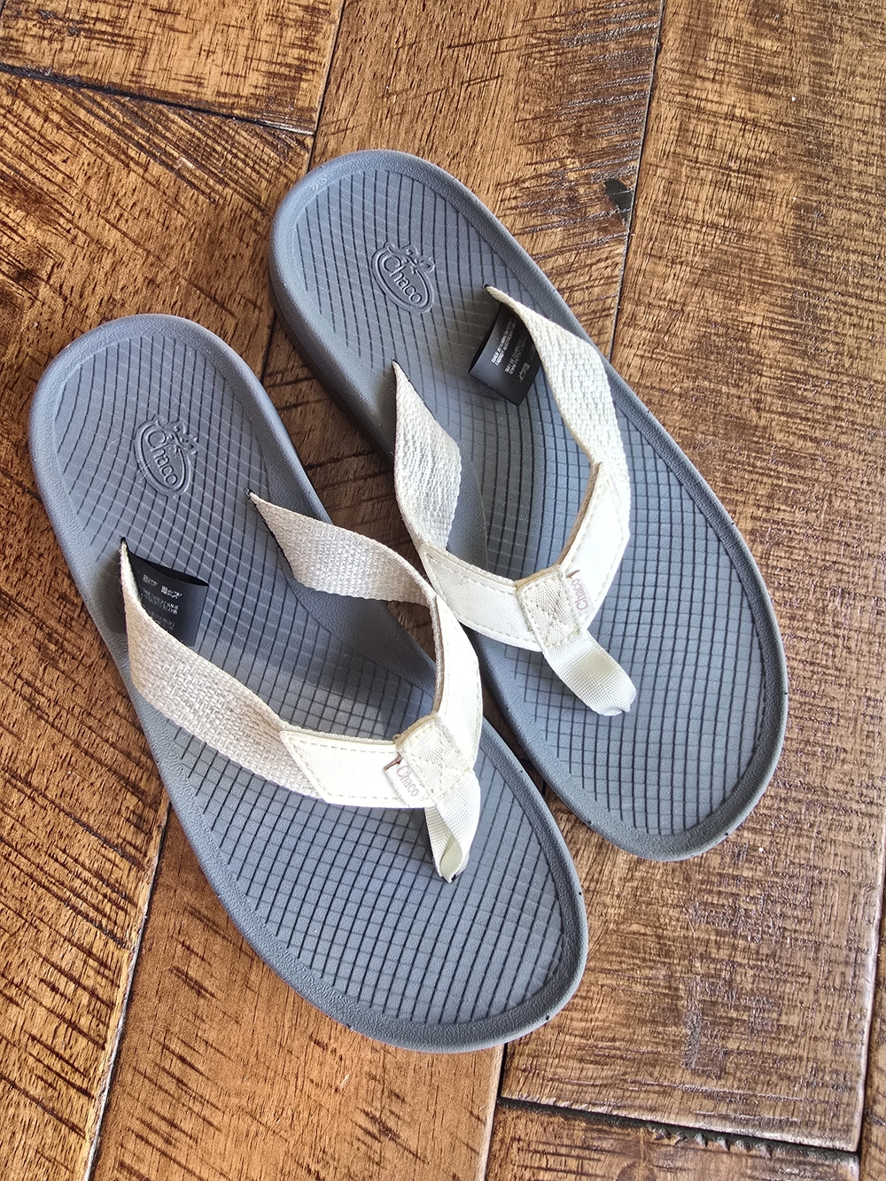 Chaco Gray Flip Flops with Cream Straps